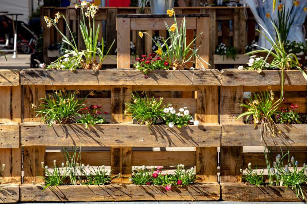 como hacer jardín vertical con palets con flores
